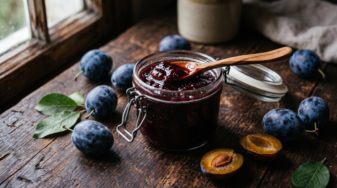 Confiture de prunes maison dans un bocal ouvert, entourée de quetsches fraîches