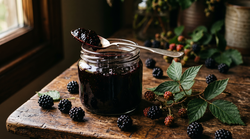 Confiture de mûres dans un bocal, avec des mûres fraîches et des feuilles de ronce