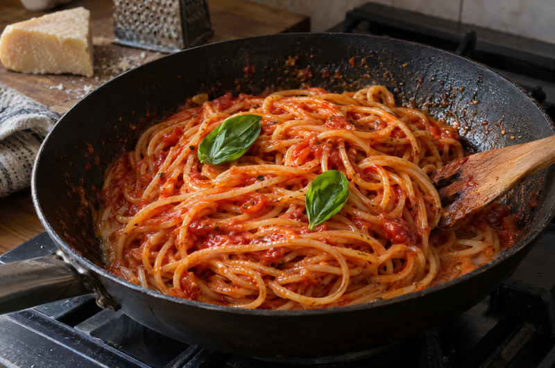 Spaghetti werden in der Pfanne mit der italienischen Tomatensoße geschwenkt, die Nudeln sind vollständig überzogen, dazu frisches Basilikum