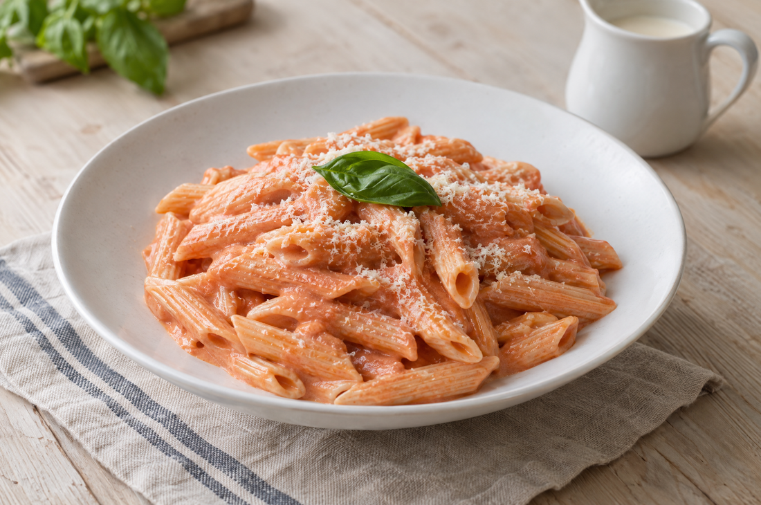Penne in einer cremigen Tomaten-Sahne-Sauce auf einem weißen Teller, die Sauce ist glatt und nicht geflockt, mit Basilikum und geriebenem Käse