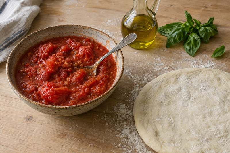 Rohe neapolitanische Pizzasauce aus mit der Hand zerdrückten Tomaten in einer Keramikschale, daneben ein bemehlter Pizzateig und frisches Basilikum