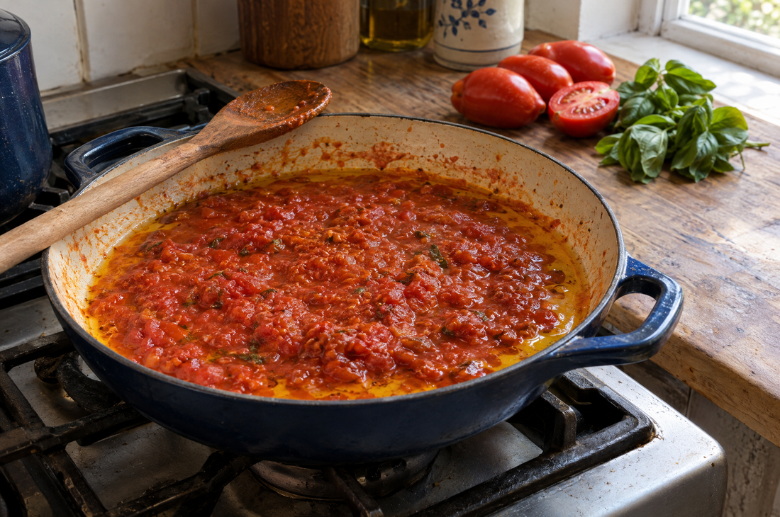 Tomatensoße aus frischen Tomaten köchelt in einer Emaillepfanne, das Olivenöl setzt sich orange an der Oberfläche ab — daneben reife Flaschentomaten und Basilikum