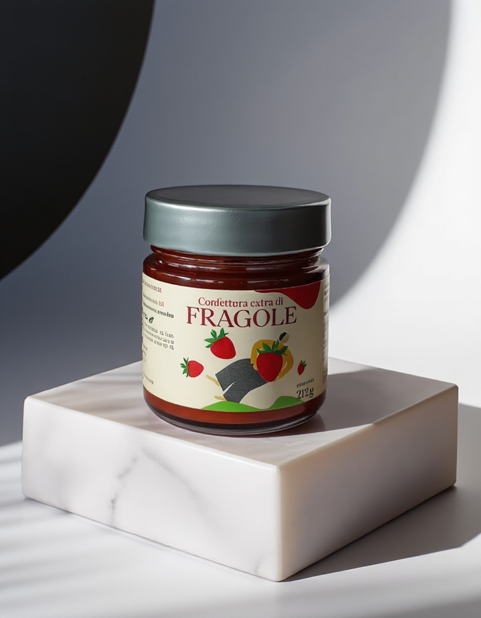 Pot Minnelea-aardbeienconfituur met het etiket Fragole op een wit marmeren blok