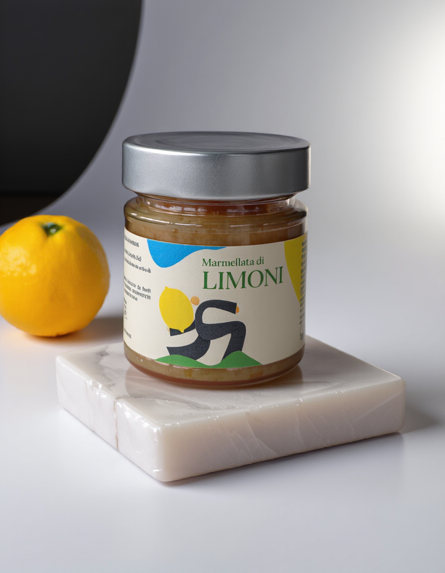Glas med Minnelea-citronmarmelade mærket Limoni på en lys marmorblok med en citron bagved