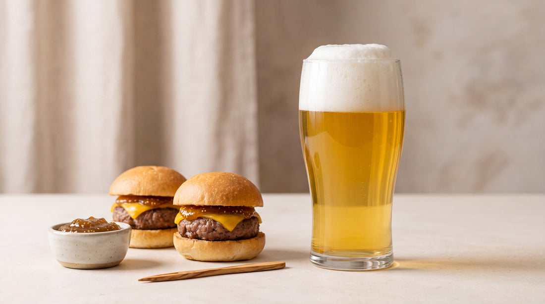 Birra IPA nel bicchiere con mini burger e confettura di fichi