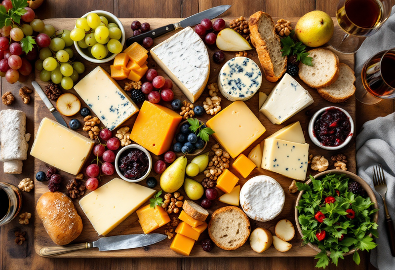 Grote kaasschotel op een houten plank met brie, blauwe kaas, oude harde kaas en andere kazen, druiven, peren, walnoten, brood, schaaltjes confituur en een slaatje