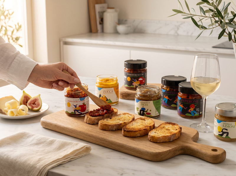 Bruschettas con paté de tomates secos Minnelea, vino blanco e higos frescos