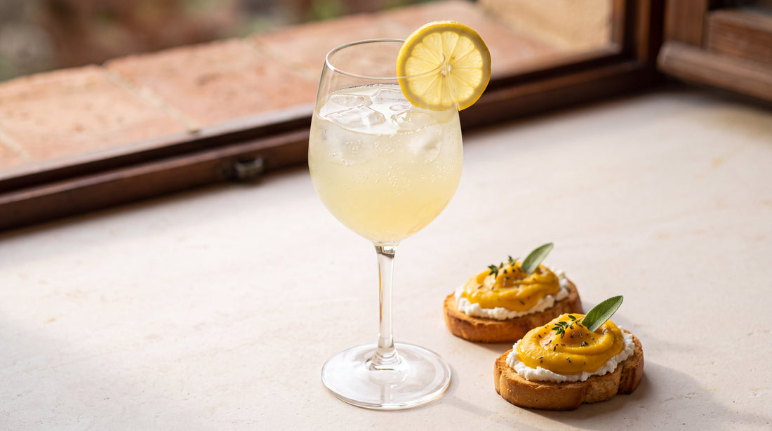 Limoncello Spritz: pane, formaggio fresco e crema di zucca con crema di zucca Minnelea
