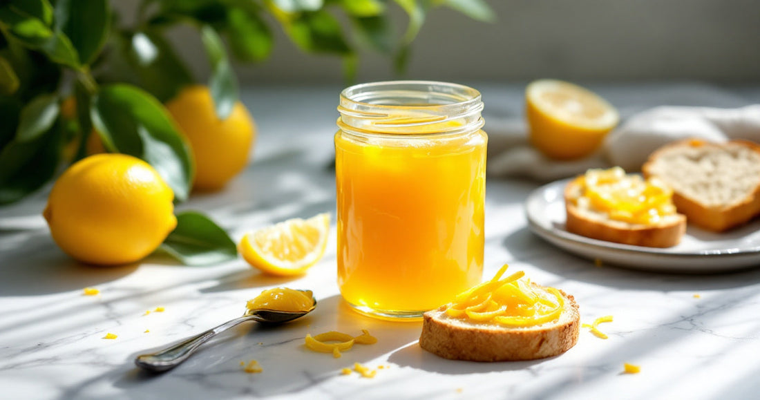 Marmellata di limoni in un vasetto di vetro con limoni freschi e una fetta di pane spalmata
