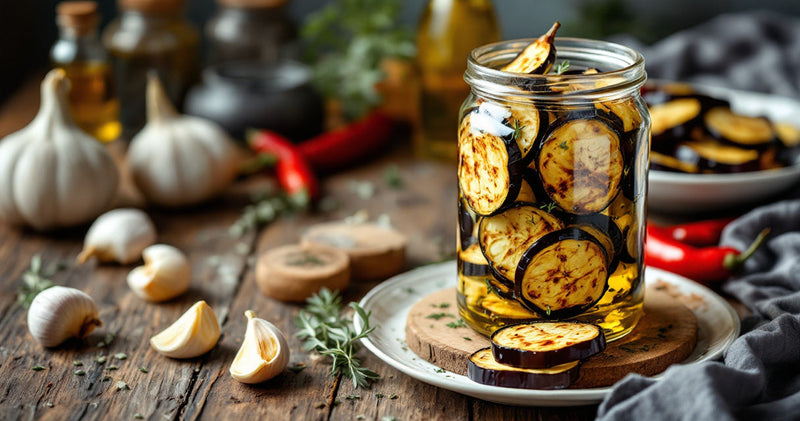 Melanzane grigliate sott'olio in un vasetto di vetro con aglio e origano
