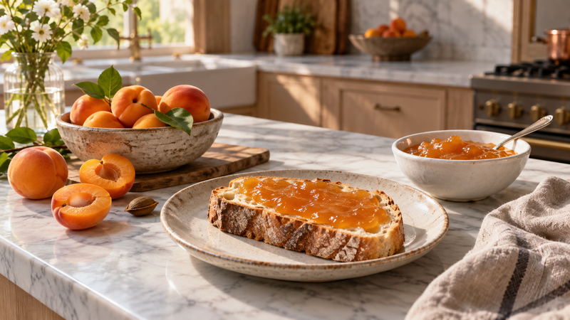 Confettura di albicocche con pane e frutta fresca