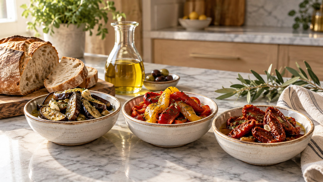 Antipasti aus Auberginen, Paprika und getrockneten Tomaten