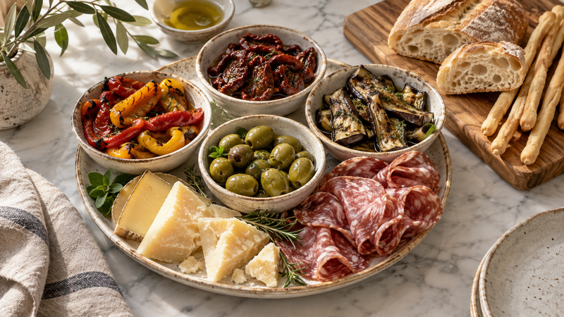 Italienische Antipastiplatte mit GemÃ¼se, KÃ¤se, Salami und Brot