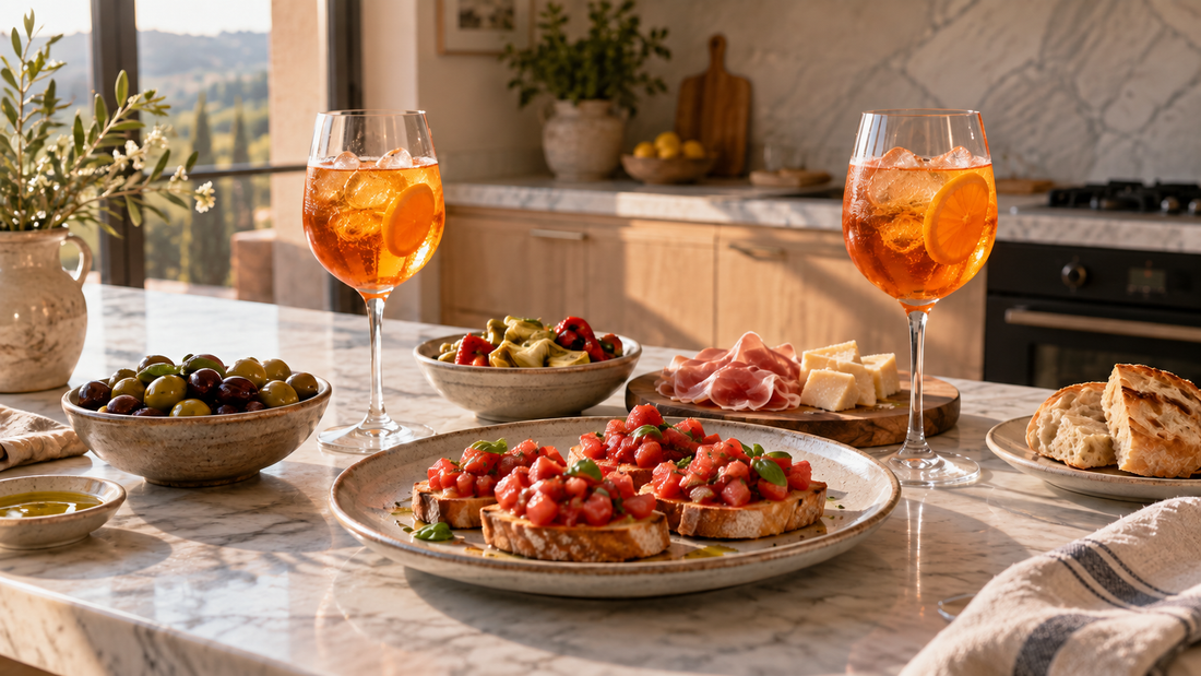 Italienischer Aperitivo mit GetrÃ¤nken, Oliven und Bruschetta