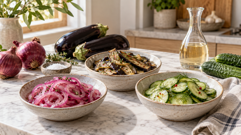 Verdure conservate: cipolle, melanzane e cetrioli