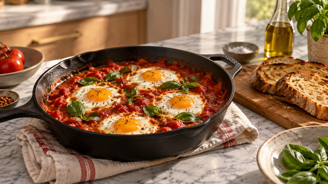 Eier in Tomatensauce mit Basilikum und gerÃ¶stetem Brot