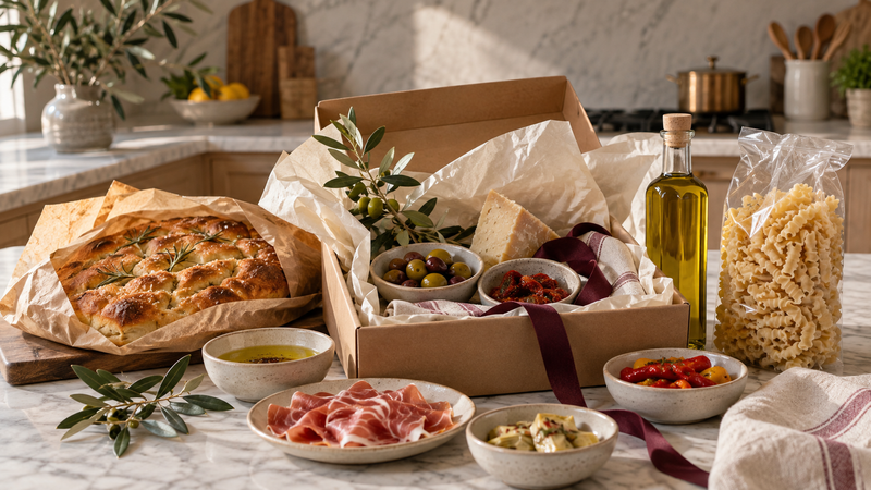 Italienische Geschenkidee mit Pasta, OlivenÃ¶l und Antipasti