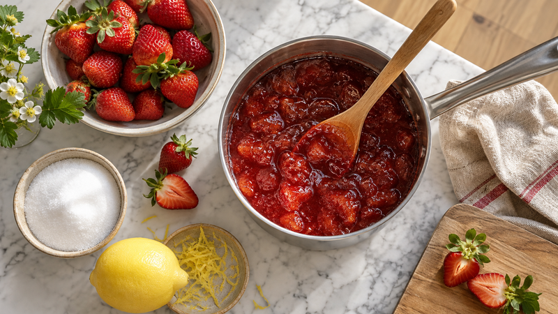 Preparazione della confettura fatta in casa con frutta, zucchero e limone