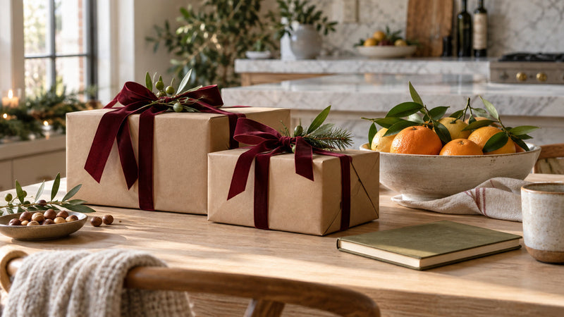 Confezioni regalo natalizie con nastri e agrumi