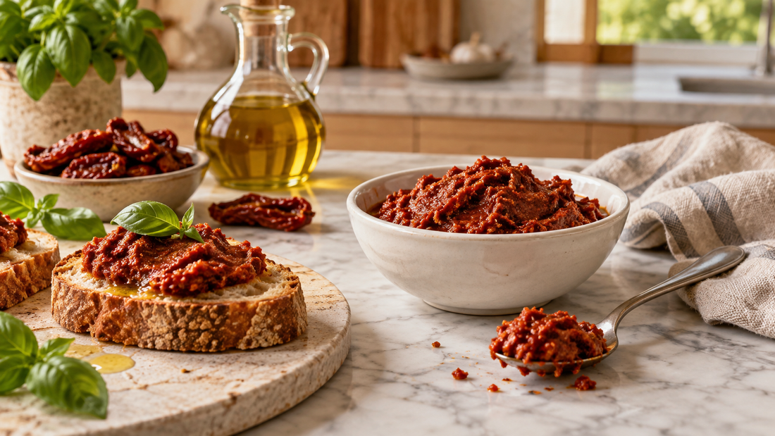 Rotes Pesto aus getrockneten Tomaten auf gerÃ¶stetem Brot