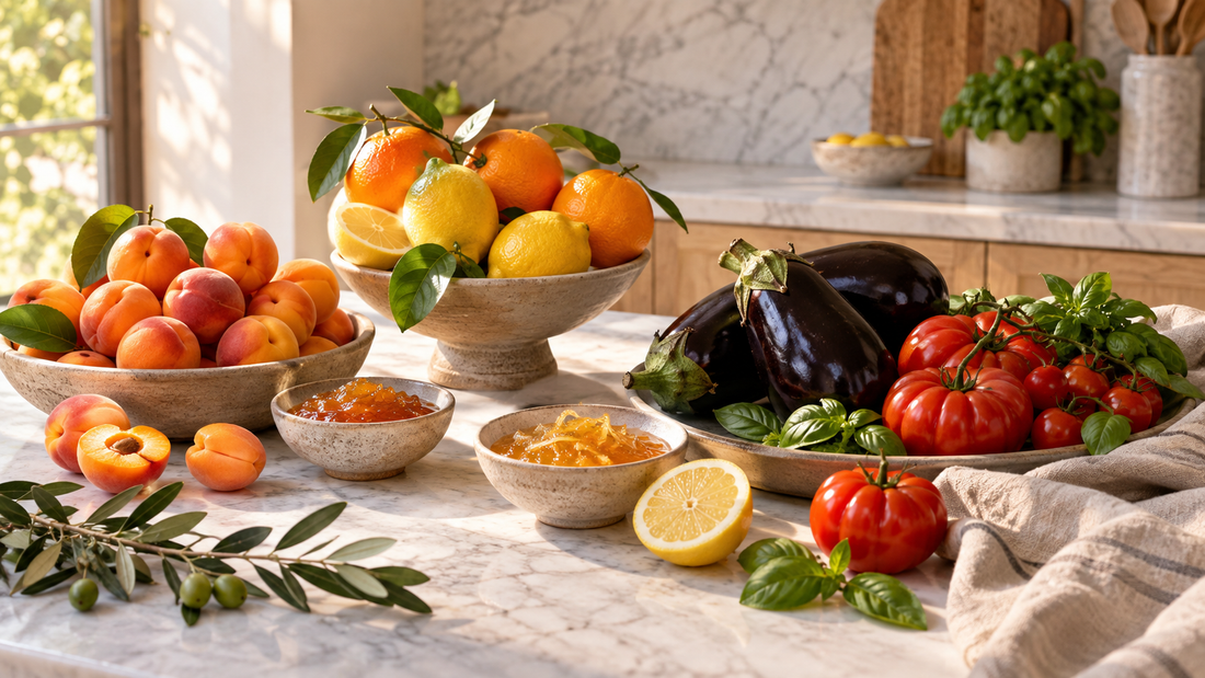 Albicocche, agrumi, melanzane, pomodori e basilico