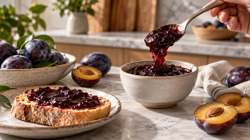 Confettura di prugne con frutta fresca e pane