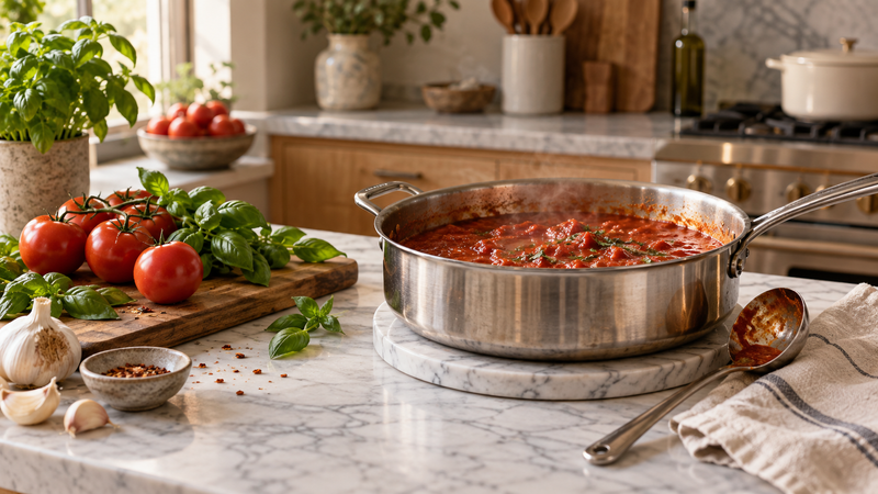 Zelfgemaakte tomatensaus met tomaten en basilicum