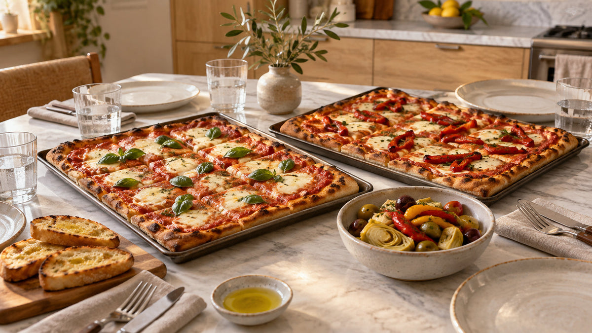 Serata pizza a casa con gli amici: pizza in teglia e condimenti
