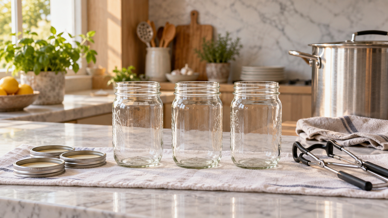 Tarros de cristal vacÃ­os y utensilios para preparar conservas