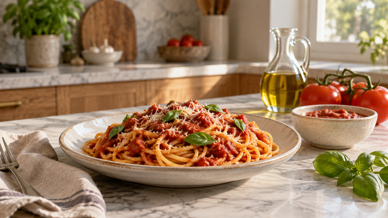 Spaghetti al sugo di pomodoro con basilico fresco
