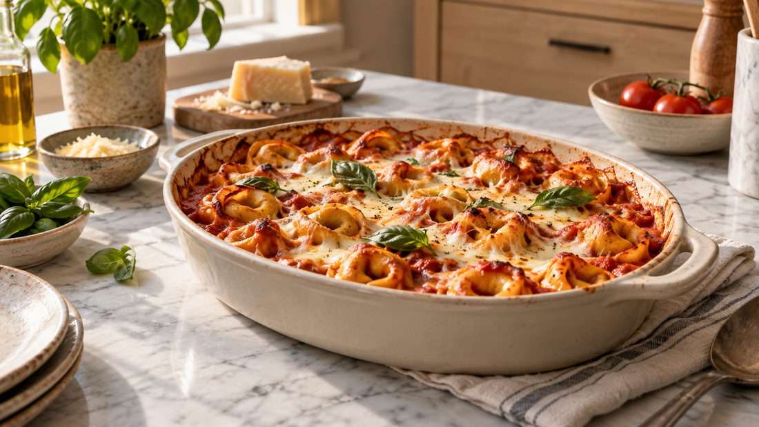 Tortellini-Auflauf mit Tomatensauce und Ã¼berbackenem Mozzarella