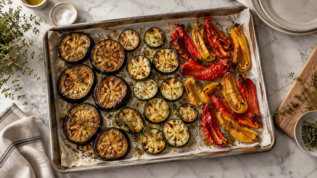 Verduras asadas al horno: berenjenas, calabacines y pimientos
