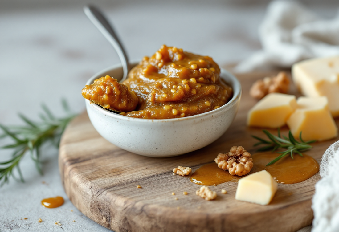 Mostarda di fichi con i grani di senape ben visibili in una ciotolina con il cucchiaino, accanto a cubetti di formaggio stagionato, noci e rosmarino su un tagliere di legno