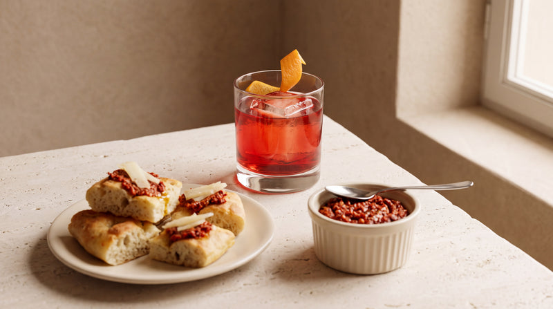 Negroni nel bicchiere con focaccia, pecorino e paté di pomodori secchi