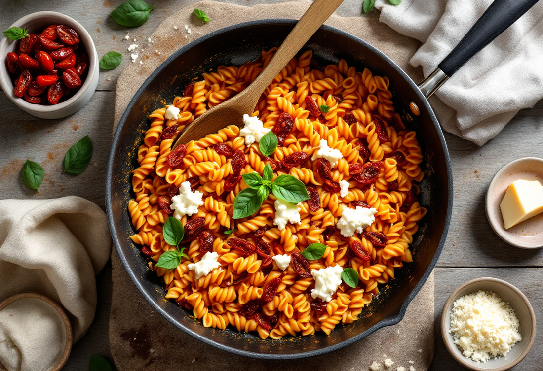 Fusilli ai pomodori secchi con ricotta e basilico in una padella scura con il cucchiaio di legno, accanto a una ciotolina di pomodori secchi e a del formaggio grattugiato