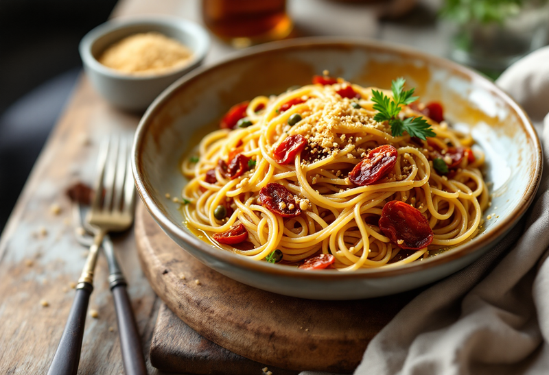 Spaghetti con pomodori secchi, capperi e pangrattato tostato in un piatto di ceramica, con una ciotolina di mollica dorata accanto