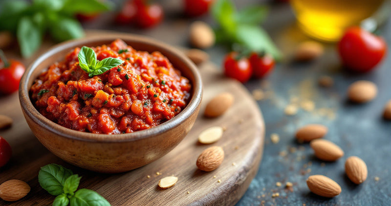 Pesto rosso di pomodori secchi in una ciotola di ceramica, con basilico, mandorle e olio extravergine
