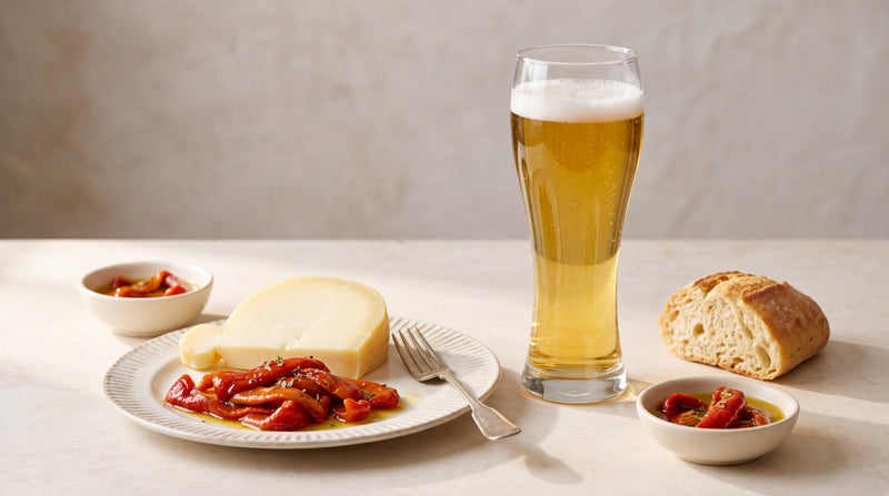 Birra Pils nel bicchiere con caciocavallo e peperoni sottolio