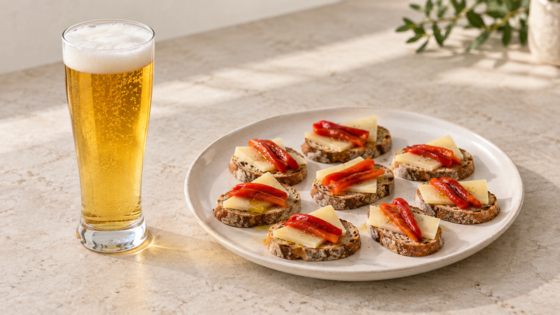 Ein Glas mit goldgelbem Pils und einer Schaumkrone neben Roggenbrothappen mit Bergkäse und Paprika