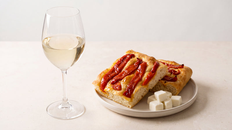 Pinot Grigio: focaccia con peperoni e formaggio fresco con peperoni sott'olio Minnelea