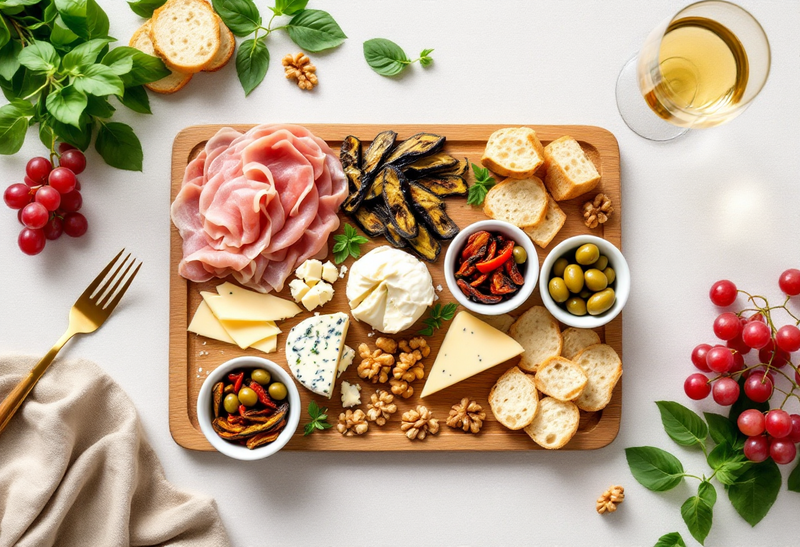 Planche apéro à l'italienne vue de dessus : jambon cru, burrata, fromages, bleu, aubergines grillées, poivrons à l'huile, olives, noix et pain grillé, avec un verre de vin blanc