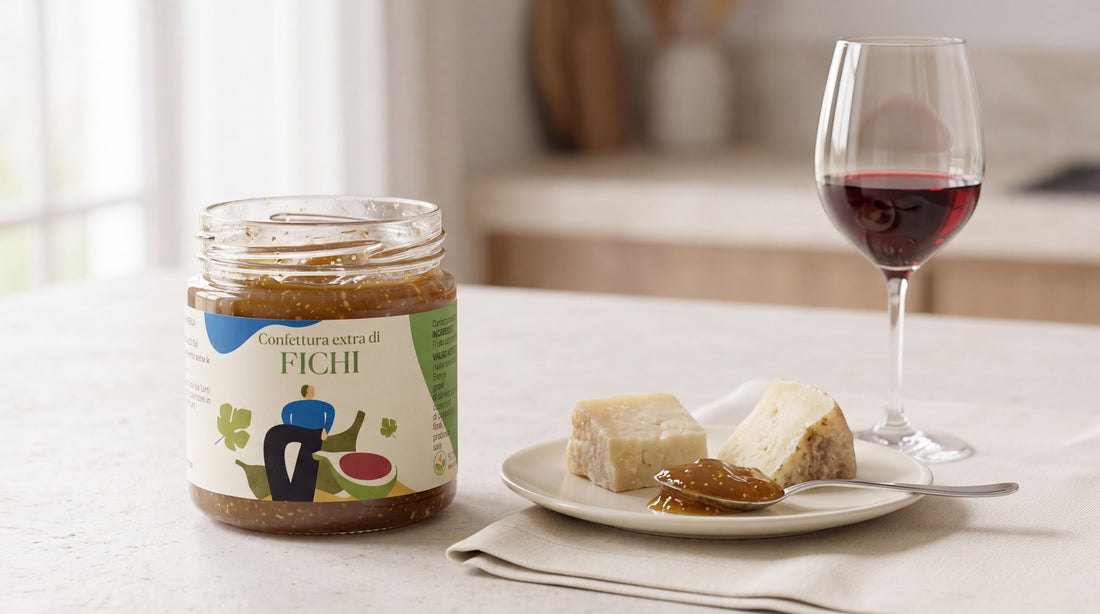 Confettura di fichi Minnelea con pecorino e calice di Primitivo