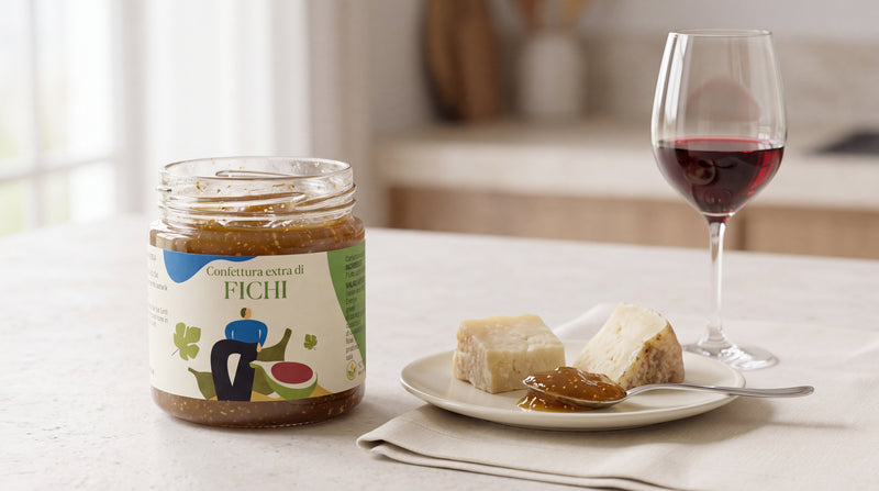 Confettura di fichi Minnelea con pecorino e calice di Primitivo
