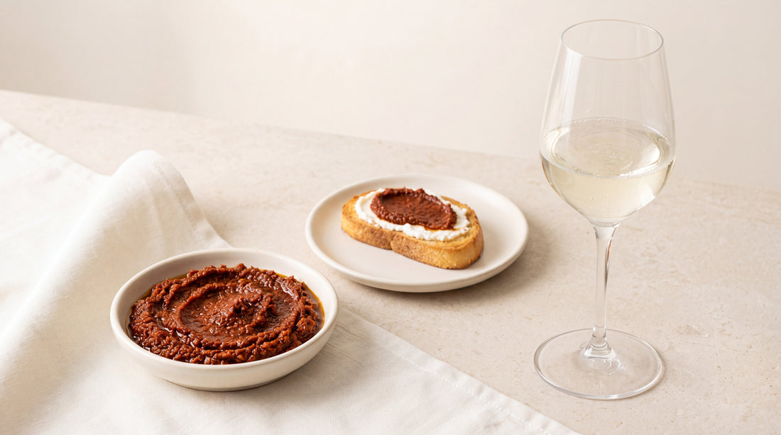 Paté di pomodori secchi con crostino di ricotta e calice di Prosecco