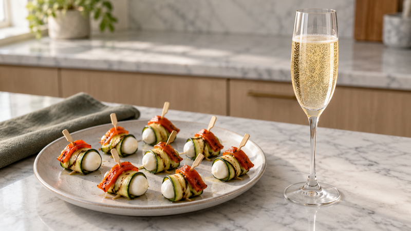 Ein Glas strohgelber Prosecco mit feinen Bläschen neben Zucchini-Spießen mit Mozzarella und roten Paprikastreifen