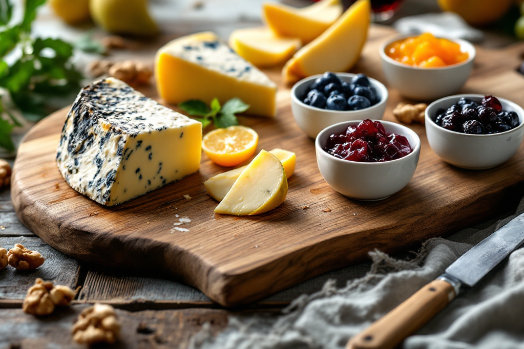 Planche de fromages avec un bleu, une pâte pressée et des tranches de poire, bols de confiture d'abricots et de myrtilles, un verre de vin blanc et un verre de vin rouge