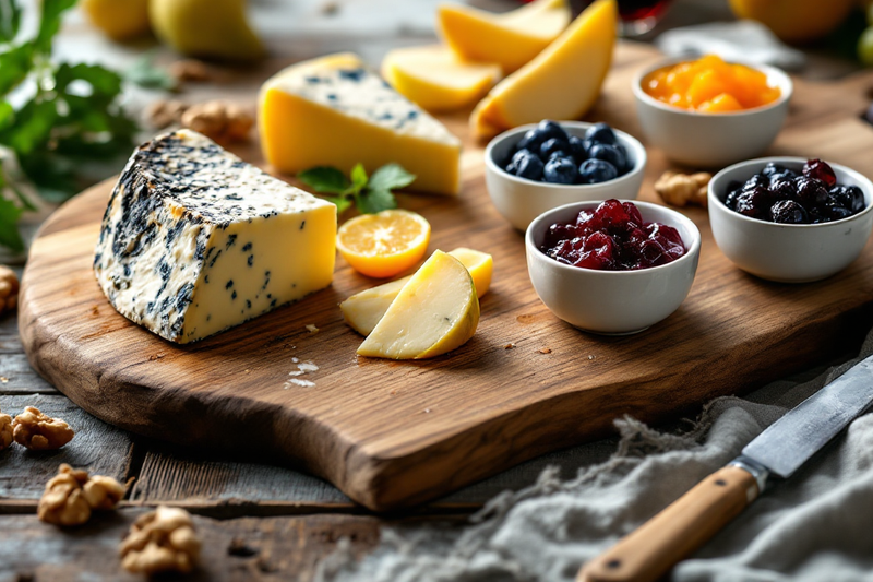 Planche de fromages avec un bleu, une pâte pressée et des tranches de poire, bols de confiture d'abricots et de myrtilles, un verre de vin blanc et un verre de vin rouge