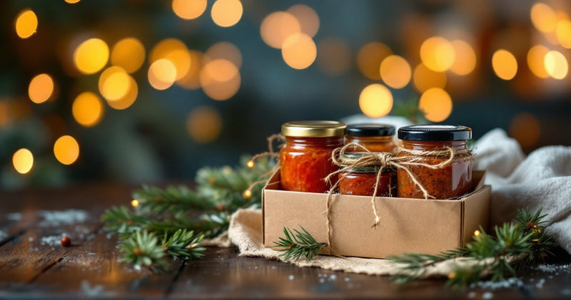 Confezione regalo di Natale con vasetti di conserve artigianali, carta kraft e spago