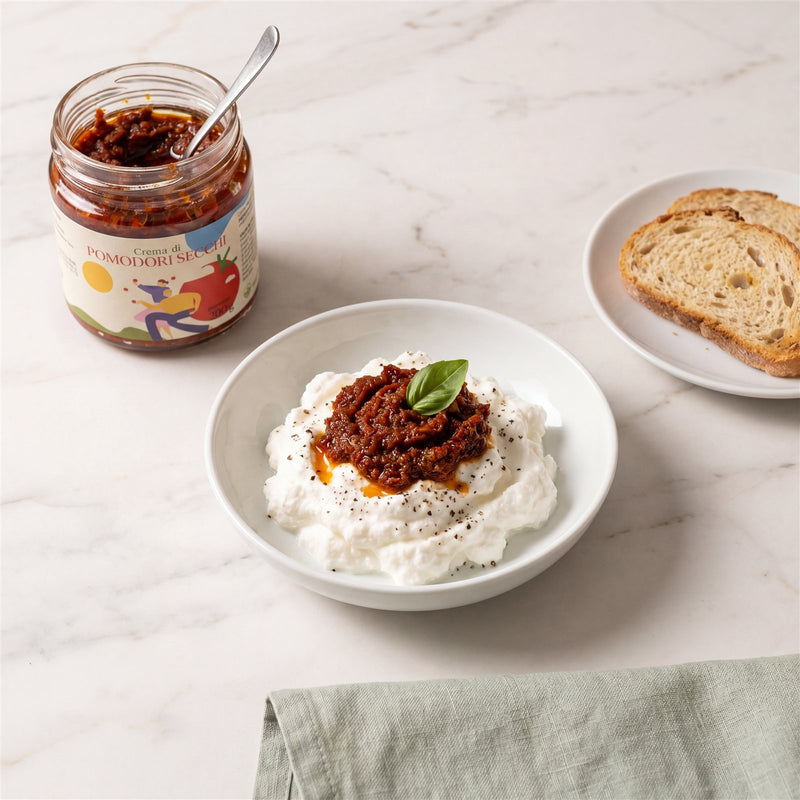 Ricotta con crema di pomodori secchi Minnelea e basilico — hero dell'antipasto gourmet