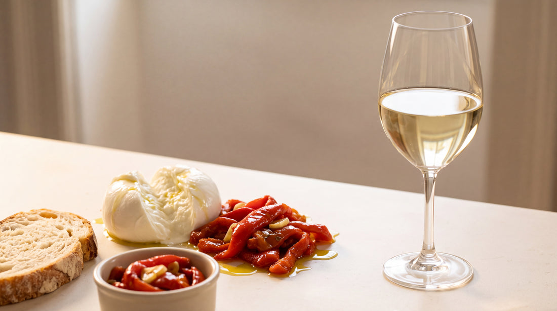Riesling secco: formaggio fresco e peperoni con peperoni sott'olio Minnelea